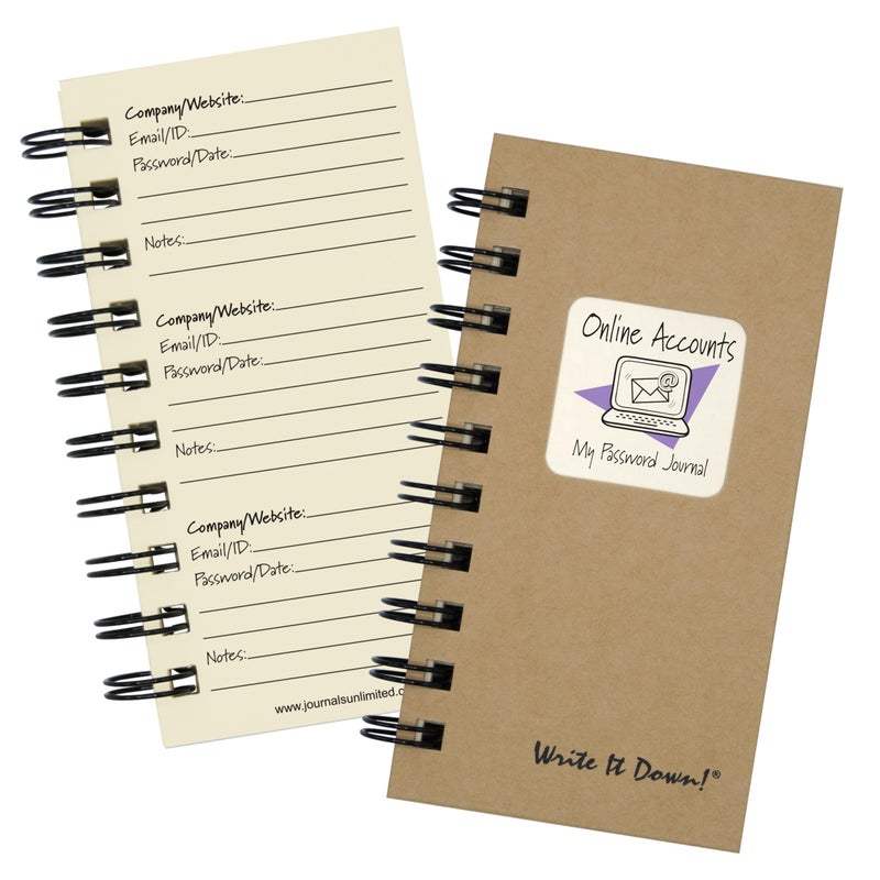 Write it Down series by Journals Unlimited, Online Accounts, My Password Journal, Mini-Size 3â€x5.5â€, Kraft Hard Cover, Made in USA - Image 1